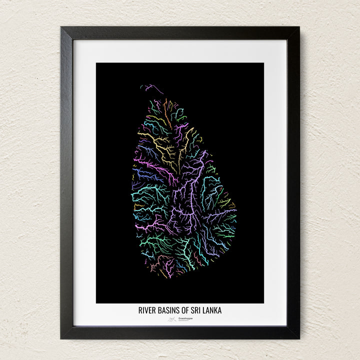 A colorful Grasshopper Geography river map on a light wall. The premium fine art poster is in a black frame with a white border. The name of the country, continent or region is printed under the image.