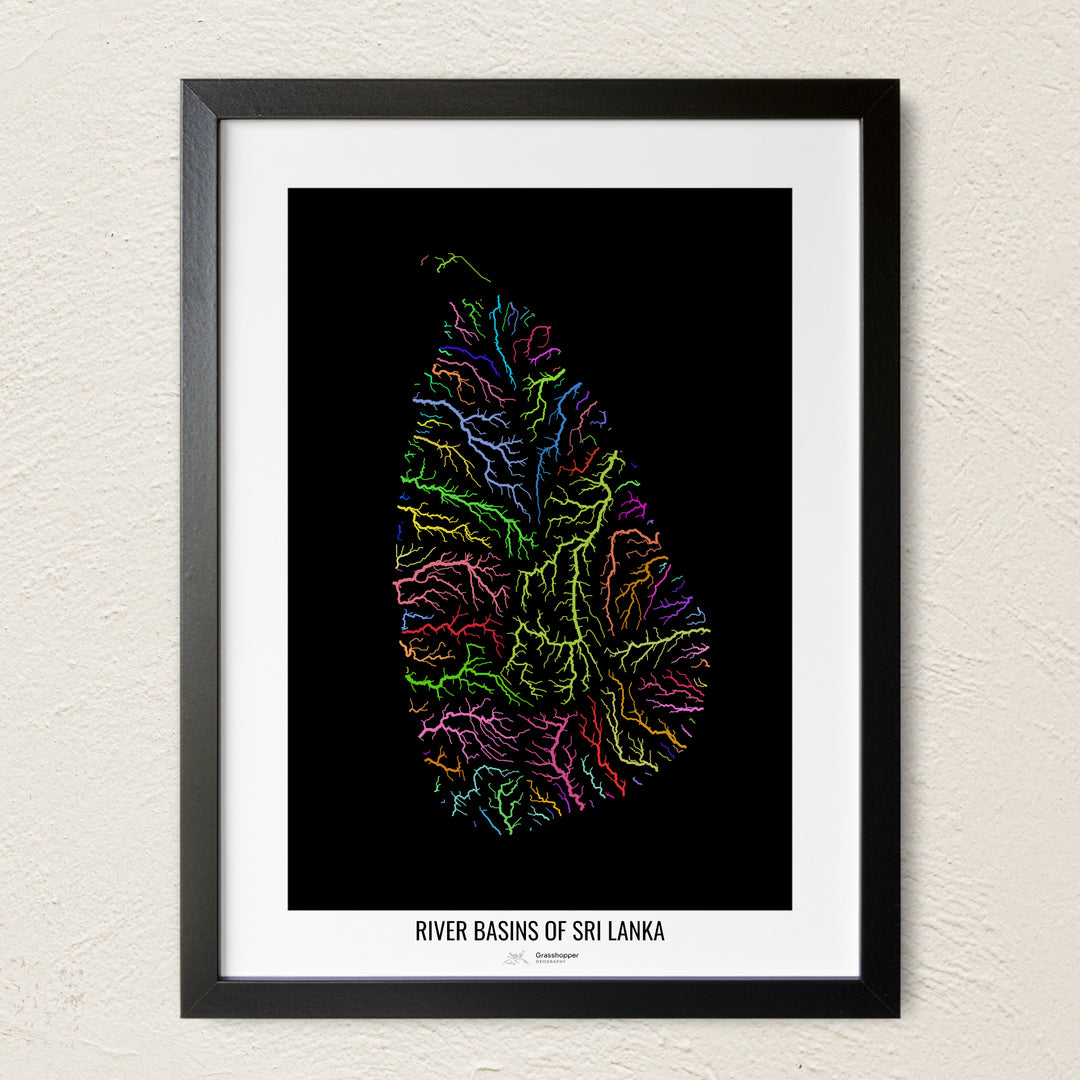 A colorful Grasshopper Geography river map on a light wall. The premium fine art poster is in a black frame with a white border. The name of the country, continent or region is printed under the image.