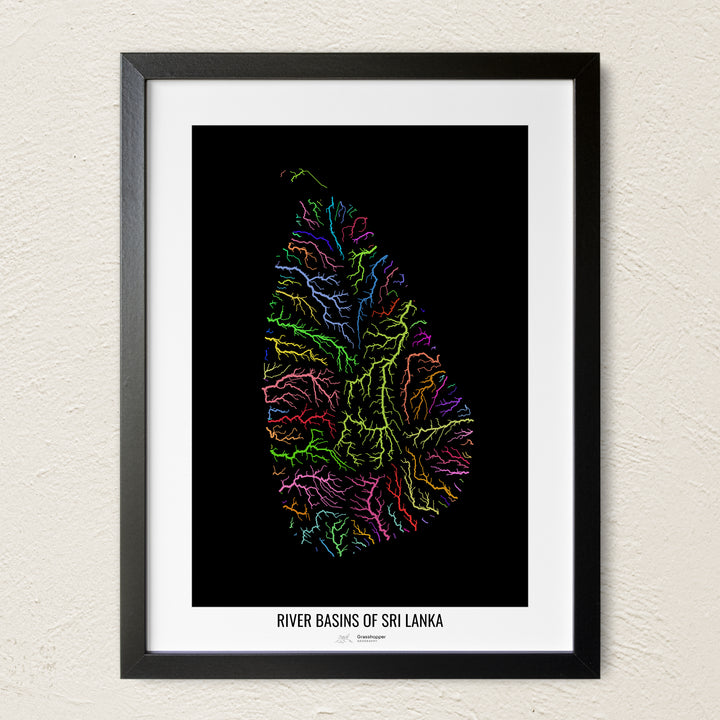 A colorful Grasshopper Geography river map on a light wall. The premium fine art poster is in a black frame with a white border. The name of the country, continent or region is printed under the image.