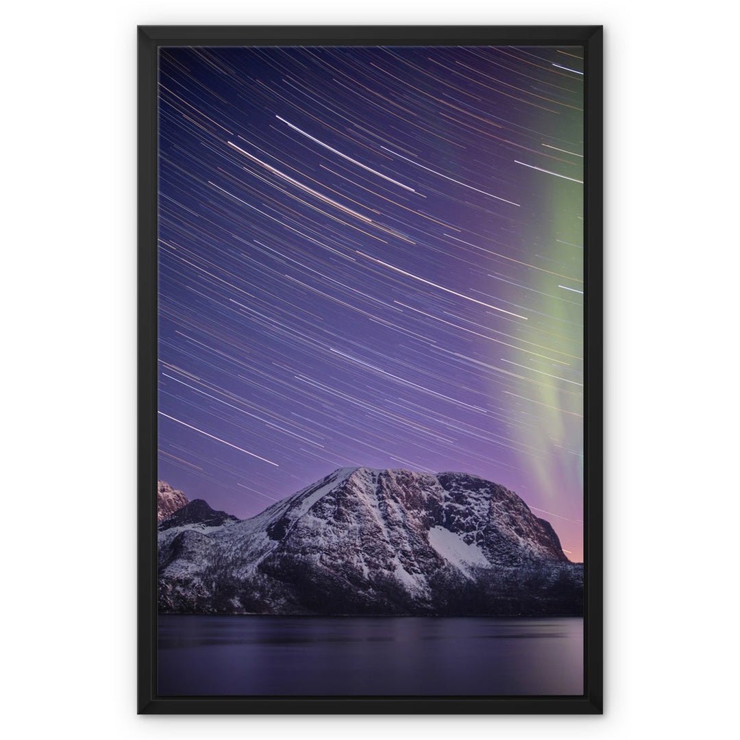 Star trails and aurora above Lundøya - Framed Canvas