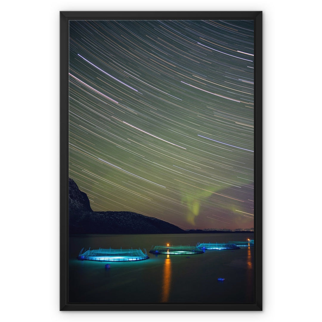 Star trails with aurora above the fish pens I - Framed Canvas