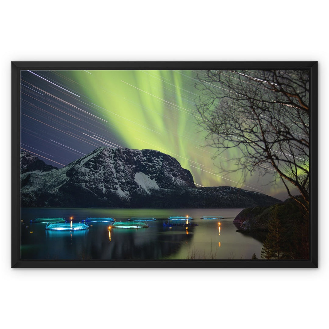 Star trails with aurora above the fish pens IV - Framed Canvas