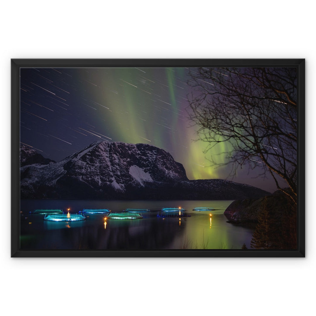 Star trails with aurora above the fish pens V - Framed Canvas