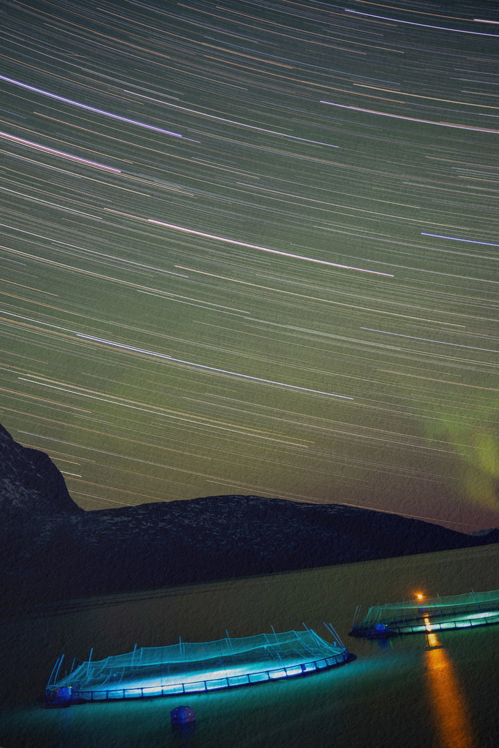 Des traînées d'étoiles avec des aurores au-dessus des enclos à poissons I - Hahnemühle Photo Rag Print