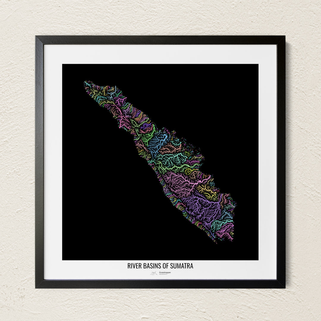 A colorful Grasshopper Geography river map on a light wall. The premium fine art poster is in a black frame with a white border. The name of the country, continent or region is printed under the image.