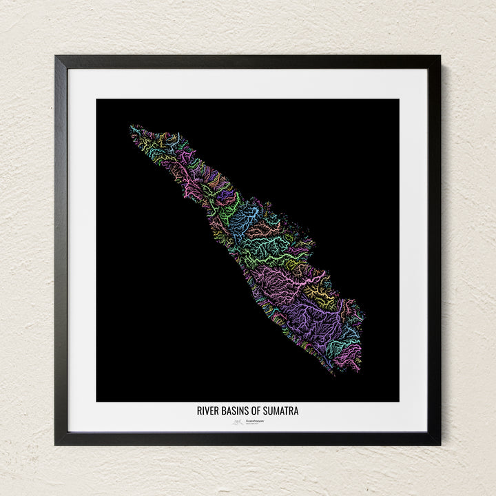 A colorful Grasshopper Geography river map on a light wall. The premium fine art poster is in a black frame with a white border. The name of the country, continent or region is printed under the image.