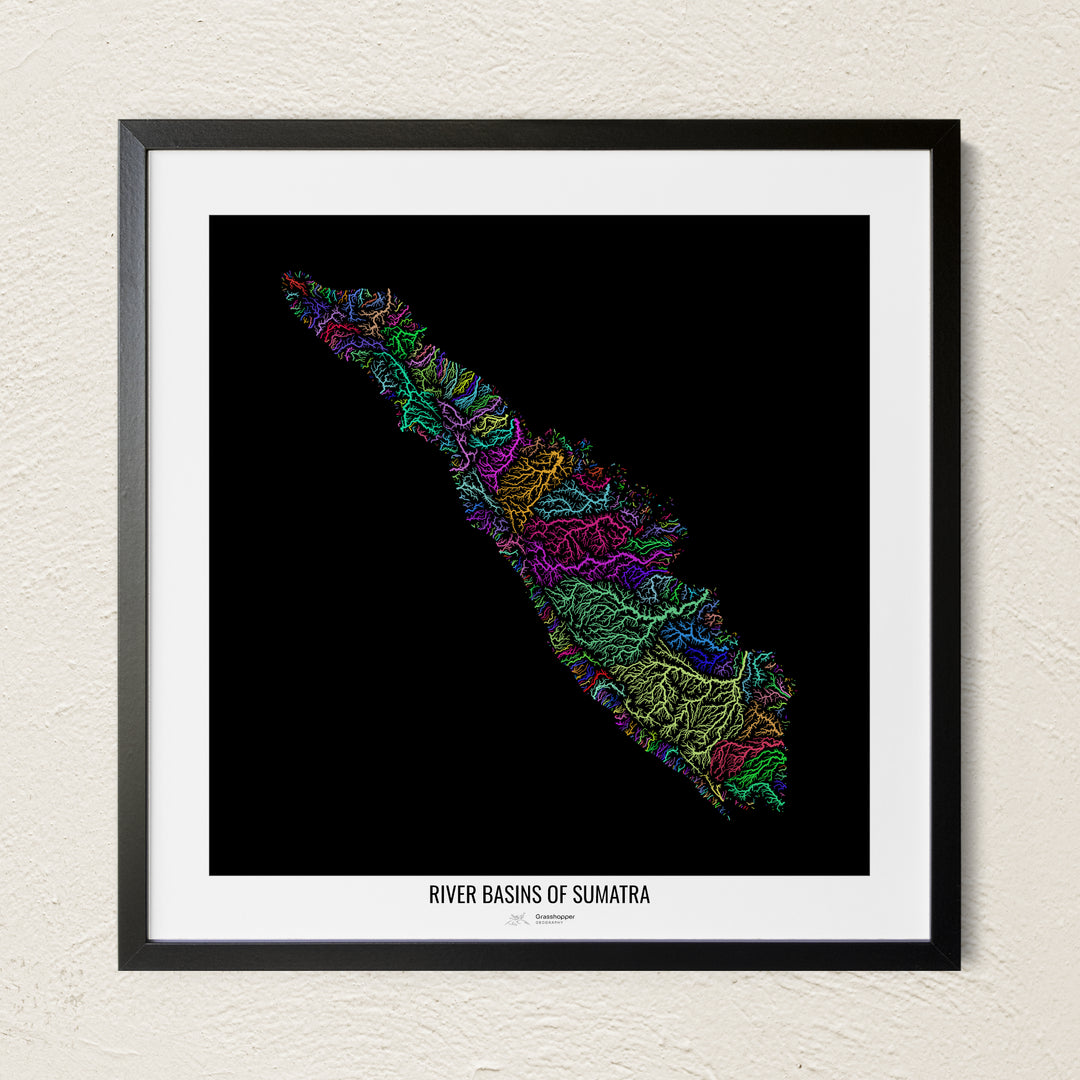 A colorful Grasshopper Geography river map on a light wall. The premium fine art poster is in a black frame with a white border. The name of the country, continent or region is printed under the image.
