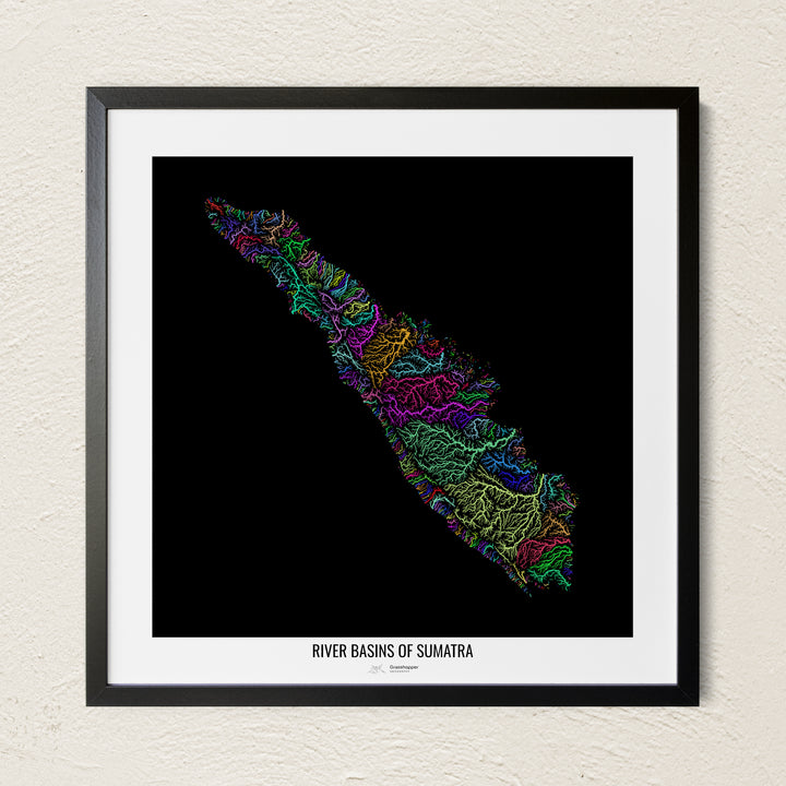 A colorful Grasshopper Geography river map on a light wall. The premium fine art poster is in a black frame with a white border. The name of the country, continent or region is printed under the image.