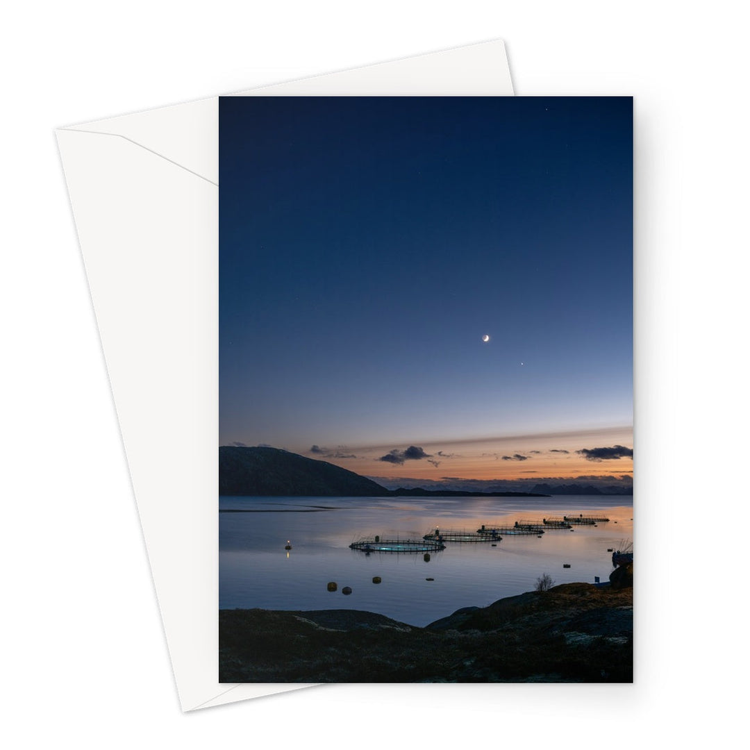 Sunset over the fish pens with a crescent moon I - Greeting Card