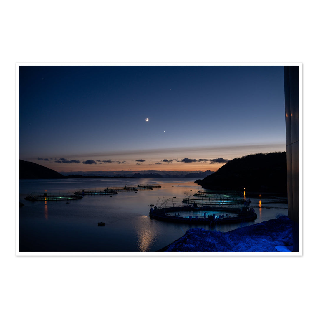 Sunset over the fish pens with a crescent moon II - Photo Art Print
