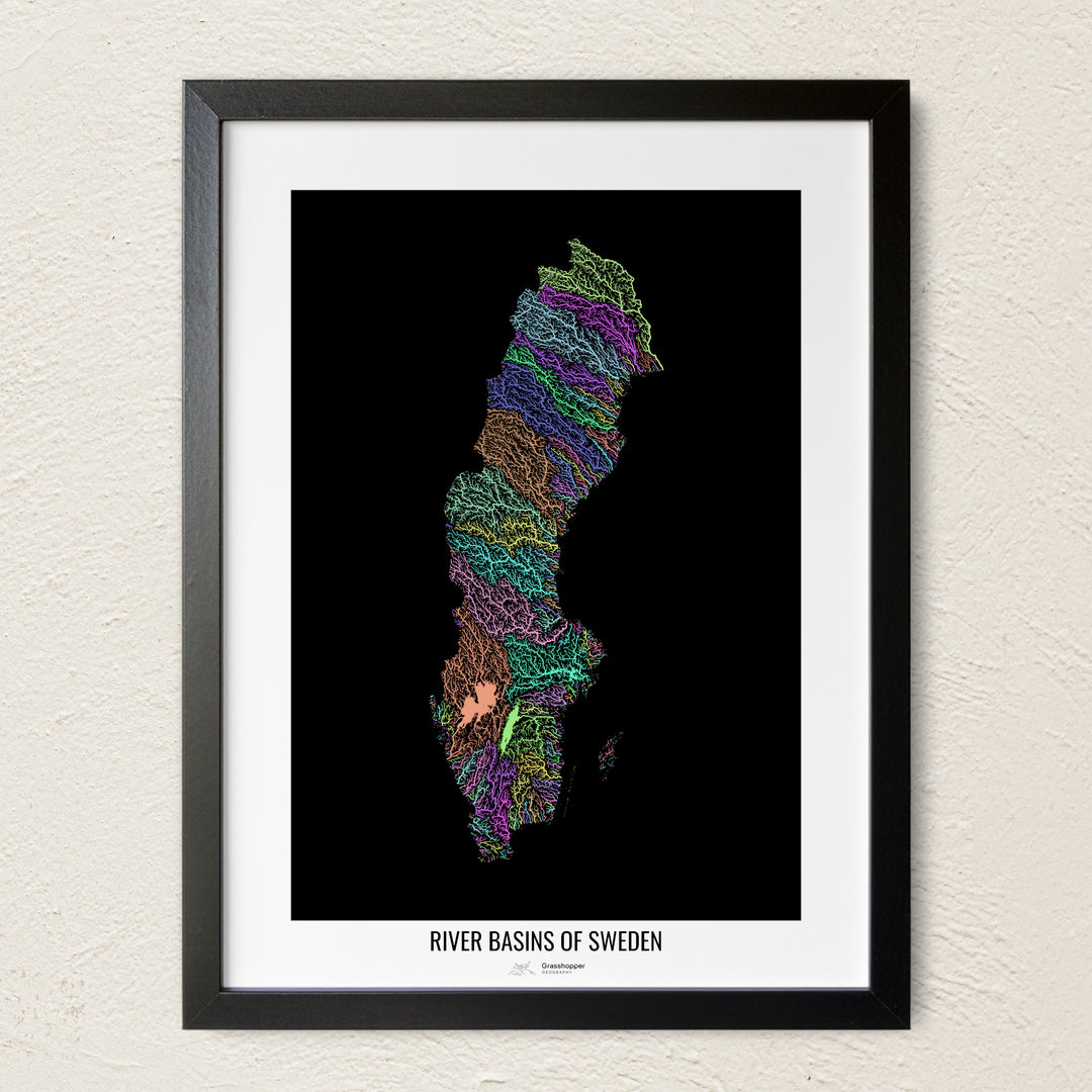 A colorful Grasshopper Geography river map on a light wall. The premium fine art poster is in a black frame with a white border. The name of the country, continent or region is printed under the image.