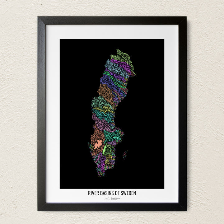 A colorful Grasshopper Geography river map on a light wall. The premium fine art poster is in a black frame with a white border. The name of the country, continent or region is printed under the image.