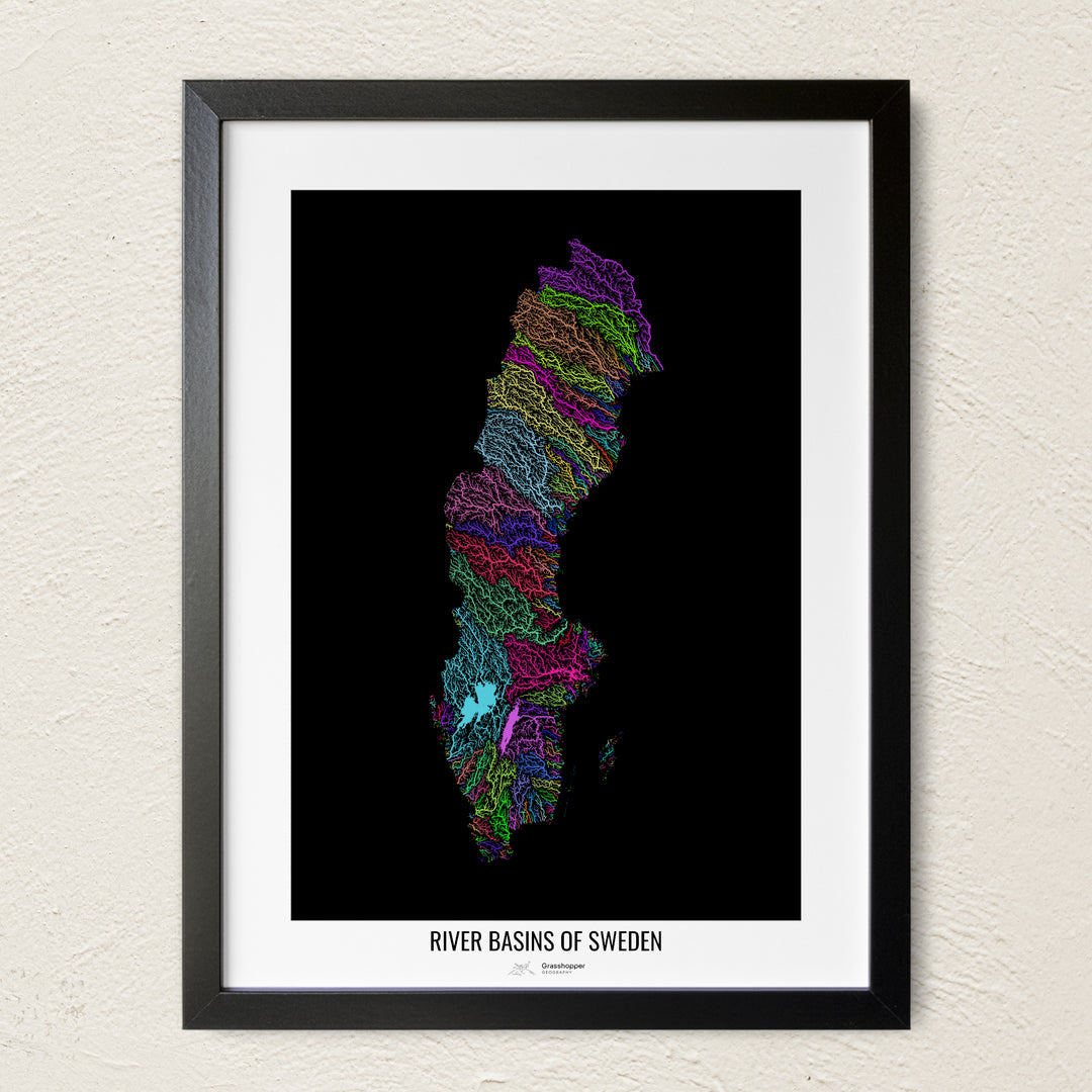 A colorful Grasshopper Geography river map on a light wall. The premium fine art poster is in a black frame with a white border. The name of the country, continent or region is printed under the image.