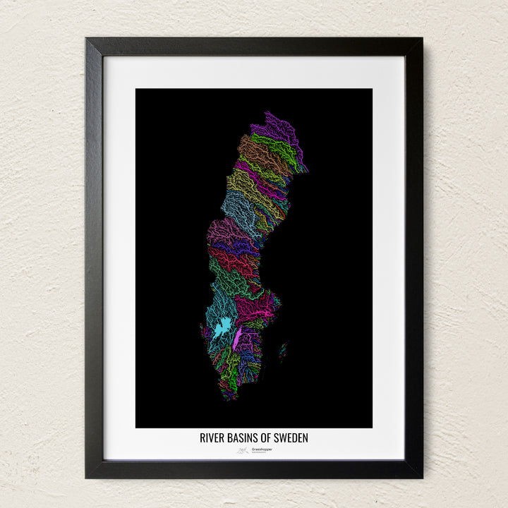 A colorful Grasshopper Geography river map on a light wall. The premium fine art poster is in a black frame with a white border. The name of the country, continent or region is printed under the image.
