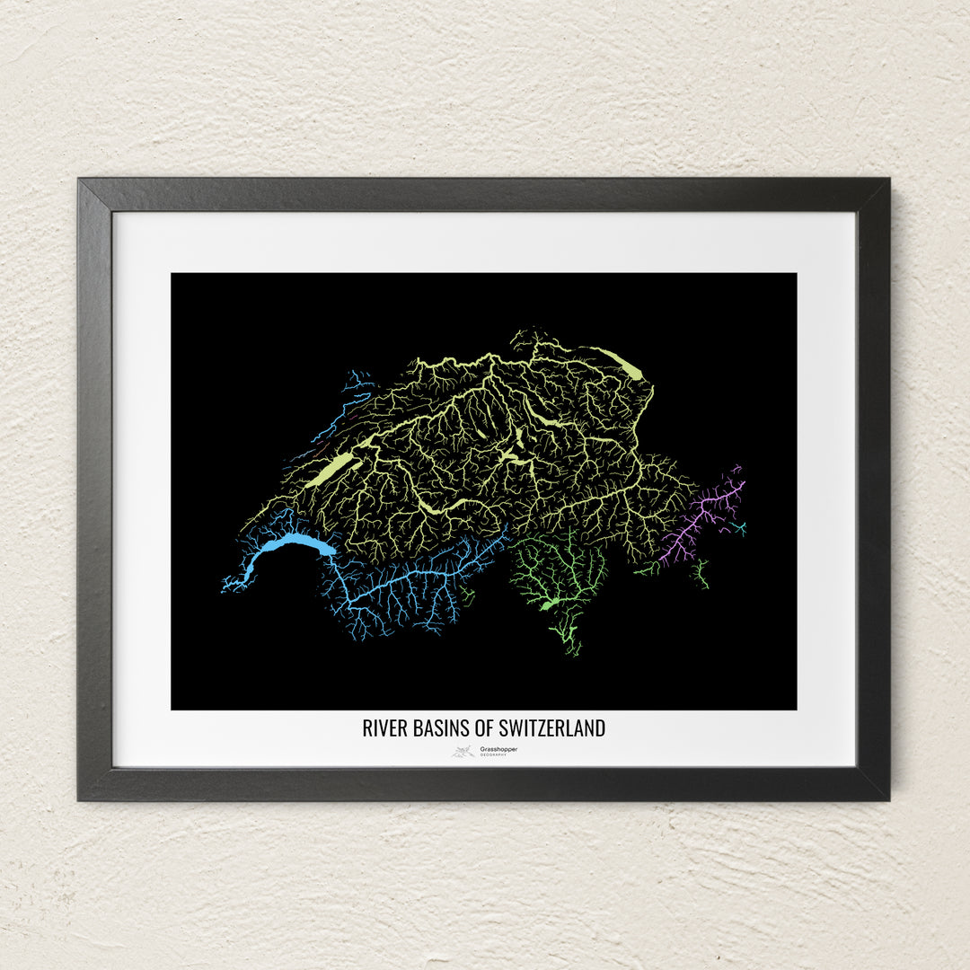 A colorful Grasshopper Geography river map on a light wall. The premium fine art poster is in a black frame with a white border. The name of the country, continent or region is printed under the image.