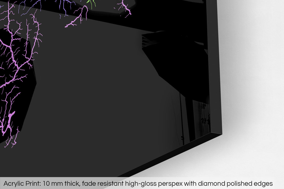 Closeup of an acrylic panel's corner, the details of a Grasshopper Geography map is visible. The text at the bottom reads: Acrylic print - 10 mm thick, fade reistant high-gloss perspex with diamond polished edges.