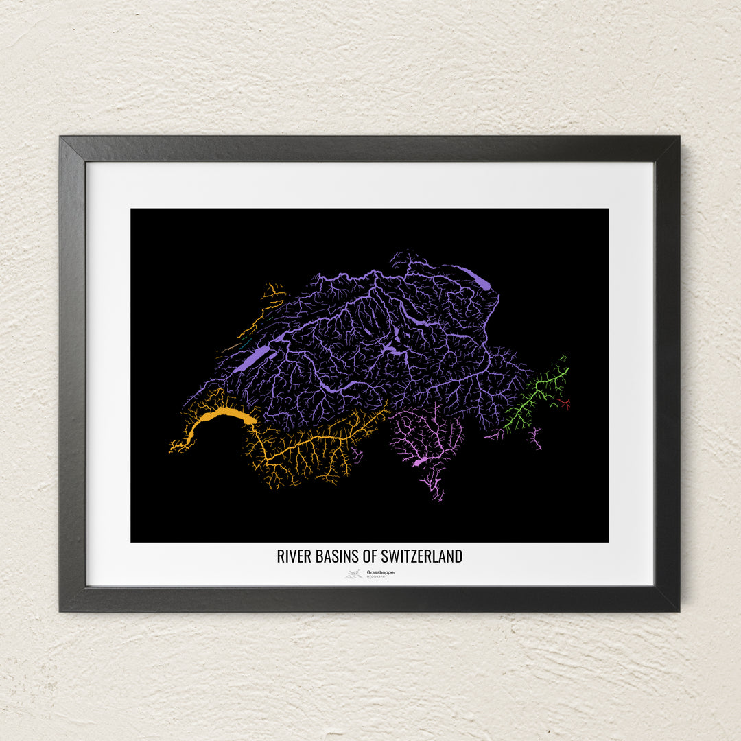 A colorful Grasshopper Geography river map on a light wall. The premium fine art poster is in a black frame with a white border. The name of the country, continent or region is printed under the image.