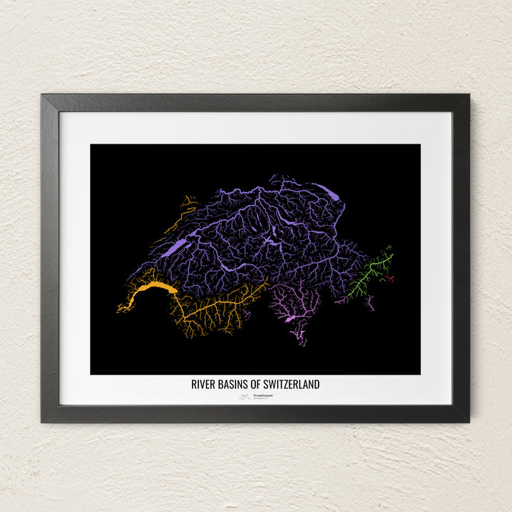 A colorful Grasshopper Geography river map on a light wall. The premium fine art poster is in a black frame with a white border. The name of the country, continent or region is printed under the image.