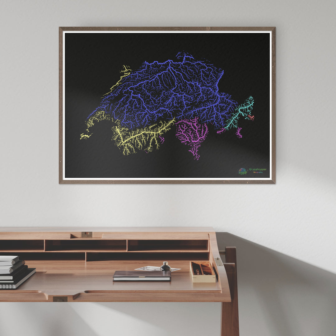 Switzerland - River basin map, rainbow on black - Fine Art Print