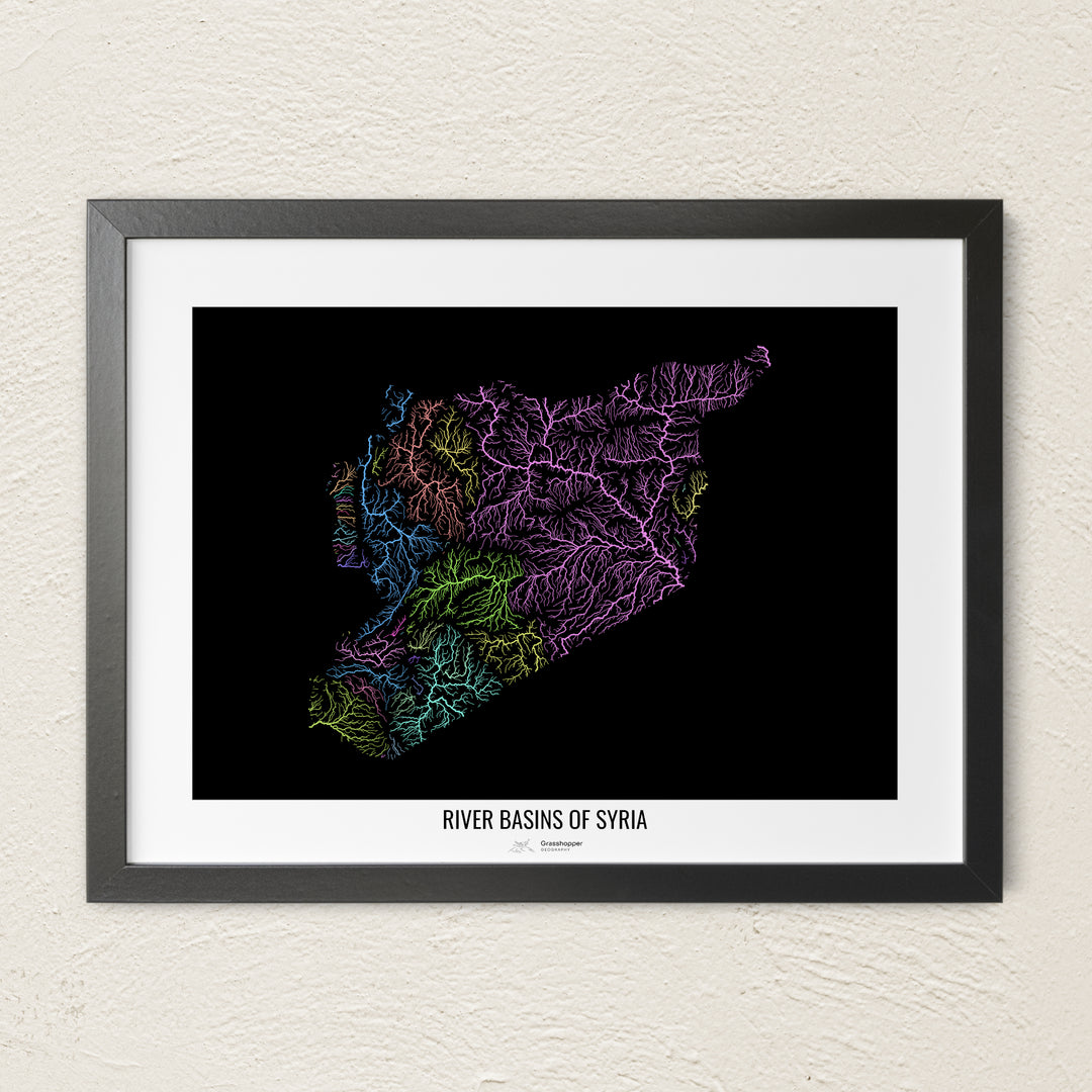 A colorful Grasshopper Geography river map on a light wall. The premium fine art poster is in a black frame with a white border. The name of the country, continent or region is printed under the image.