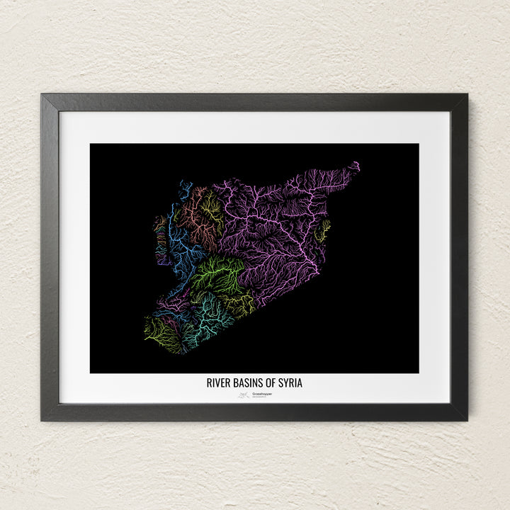 A colorful Grasshopper Geography river map on a light wall. The premium fine art poster is in a black frame with a white border. The name of the country, continent or region is printed under the image.