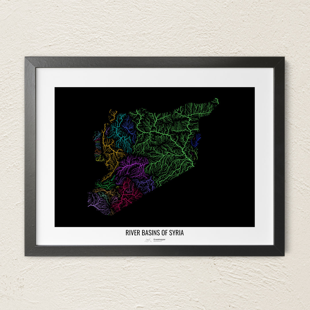 A colorful Grasshopper Geography river map on a light wall. The premium fine art poster is in a black frame with a white border. The name of the country, continent or region is printed under the image.