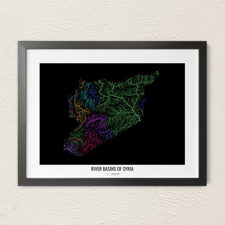 A colorful Grasshopper Geography river map on a light wall. The premium fine art poster is in a black frame with a white border. The name of the country, continent or region is printed under the image.