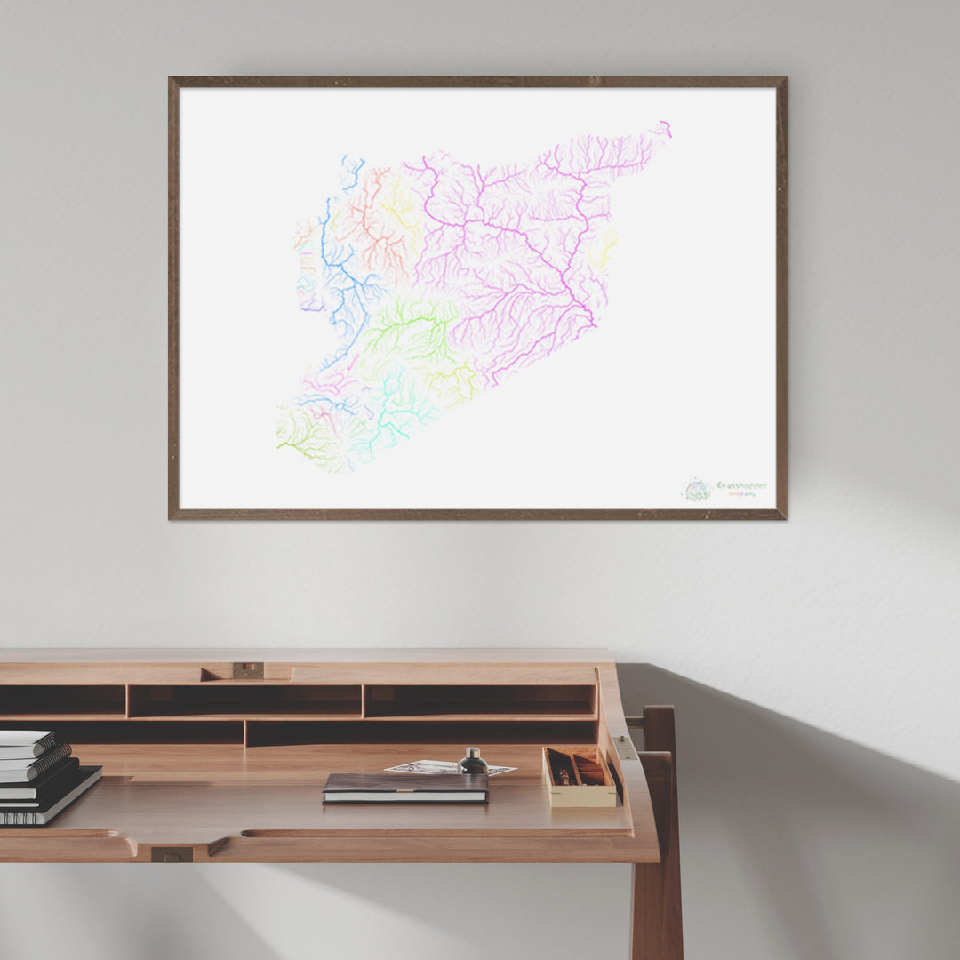 Syrie - Carte du bassin fluvial, pastel sur blanc - Fine Art Print