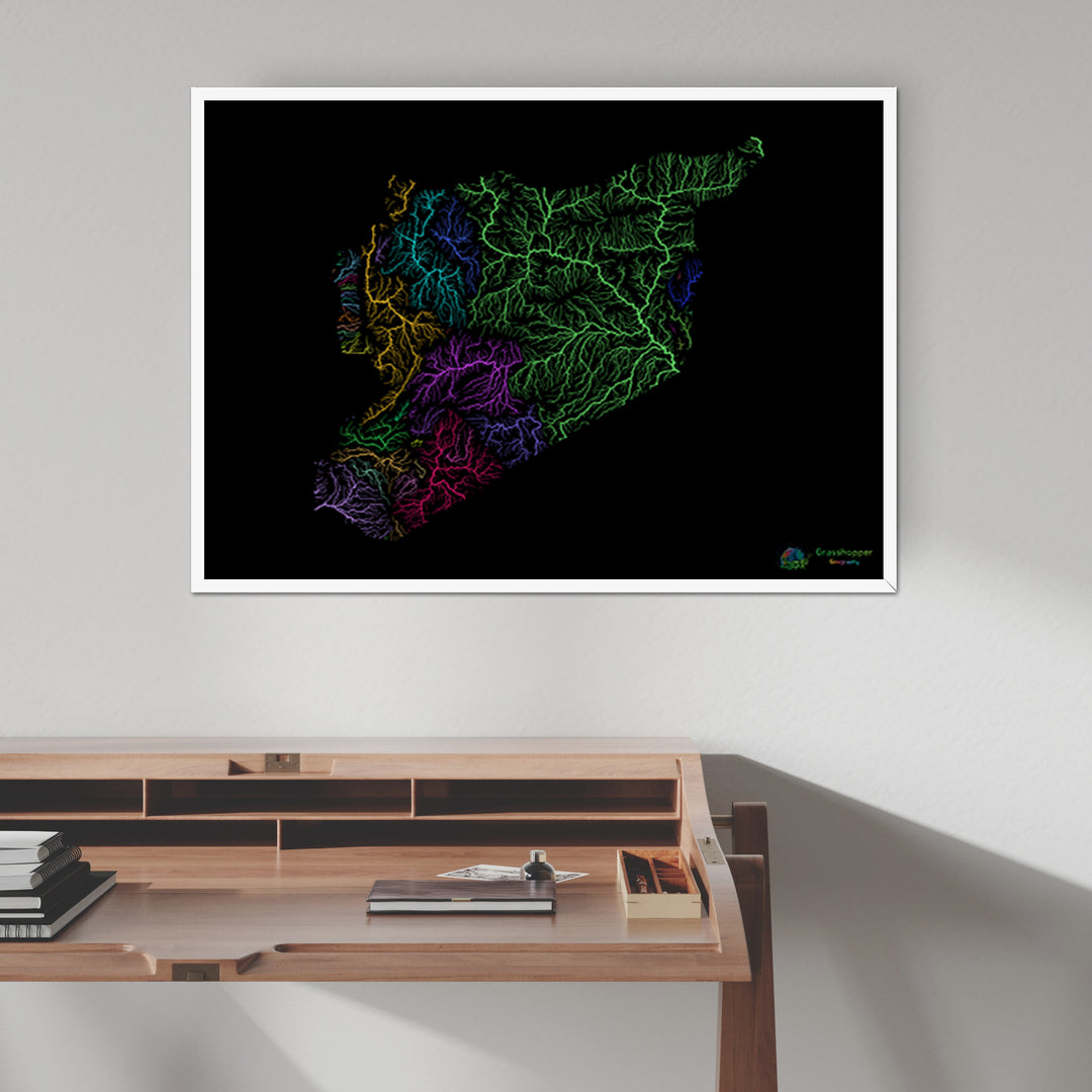 Siria - Mapa de la cuenca fluvial, arco iris sobre negro Lámina artística