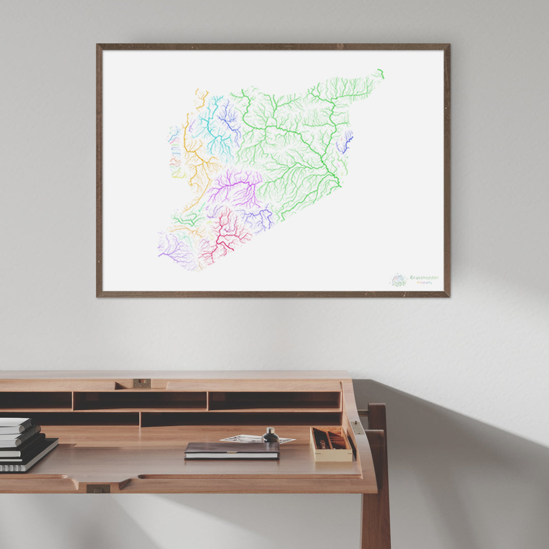 Syria - River basin map, rainbow on white - Fine Art Print