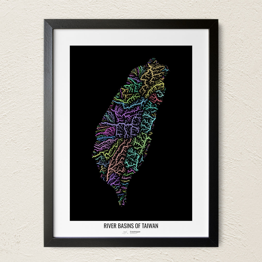 A colorful Grasshopper Geography river map on a light wall. The premium fine art poster is in a black frame with a white border. The name of the country, continent or region is printed under the image.