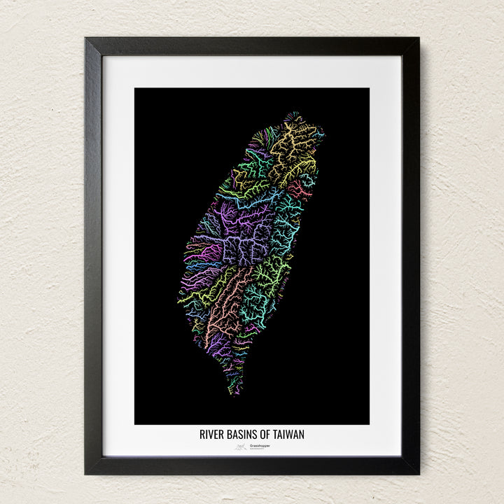 A colorful Grasshopper Geography river map on a light wall. The premium fine art poster is in a black frame with a white border. The name of the country, continent or region is printed under the image.