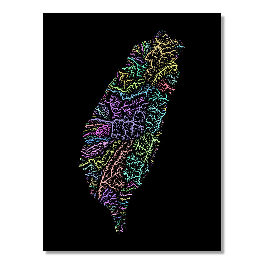 Taiwan - River basin map, pastel colours - Wall Art by Grasshopper Geography. Image of a high-resolution map created by geographer Robert Szucs, available as wall art and for licensing.