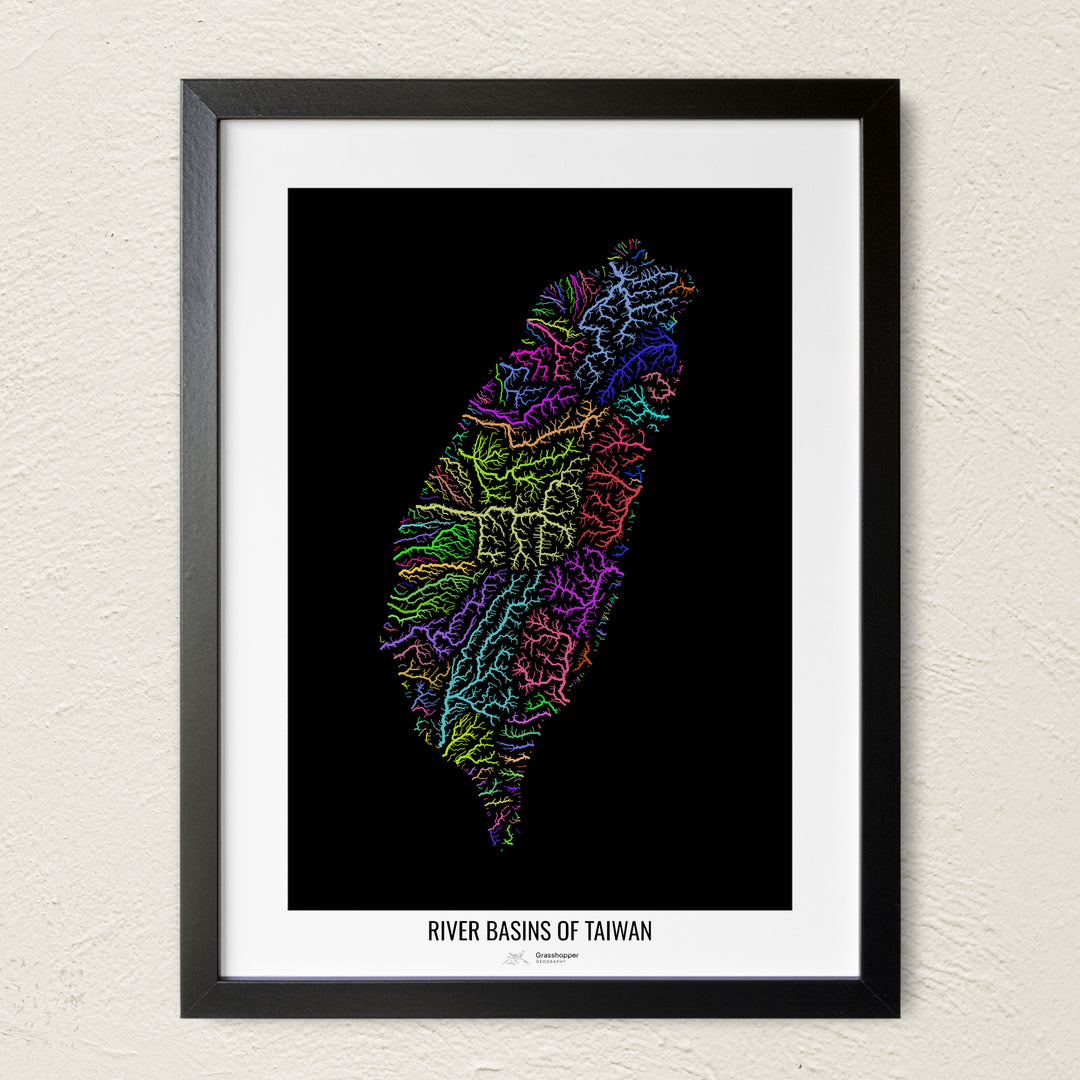 A colorful Grasshopper Geography river map on a light wall. The premium fine art poster is in a black frame with a white border. The name of the country, continent or region is printed under the image.