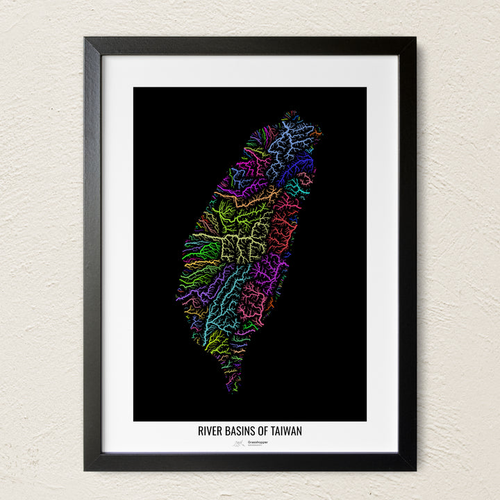 A colorful Grasshopper Geography river map on a light wall. The premium fine art poster is in a black frame with a white border. The name of the country, continent or region is printed under the image.