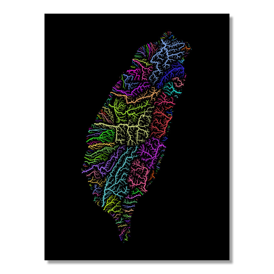 Taiwan - River basin map, rainbow colours - Wall Art by Grasshopper Geography. Image of a high-resolution map created by geographer Robert Szucs, available as wall art and for licensing.