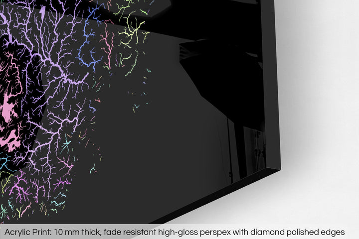 Closeup of an acrylic panel's corner, the details of a Grasshopper Geography map is visible. The text at the bottom reads: Acrylic print - 10 mm thick, fade reistant high-gloss perspex with diamond polished edges.