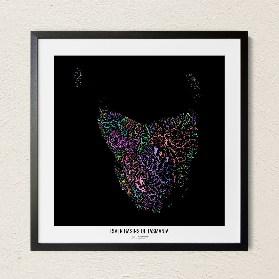 A colorful Grasshopper Geography river map on a light wall. The premium fine art poster is in a black frame with a white border. The name of the country, continent or region is printed under the image.
