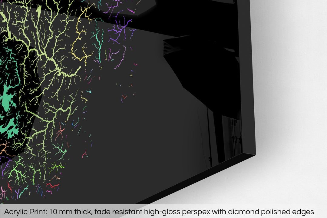 Closeup of an acrylic panel's corner, the details of a Grasshopper Geography map is visible. The text at the bottom reads: Acrylic print - 10 mm thick, fade reistant high-gloss perspex with diamond polished edges.