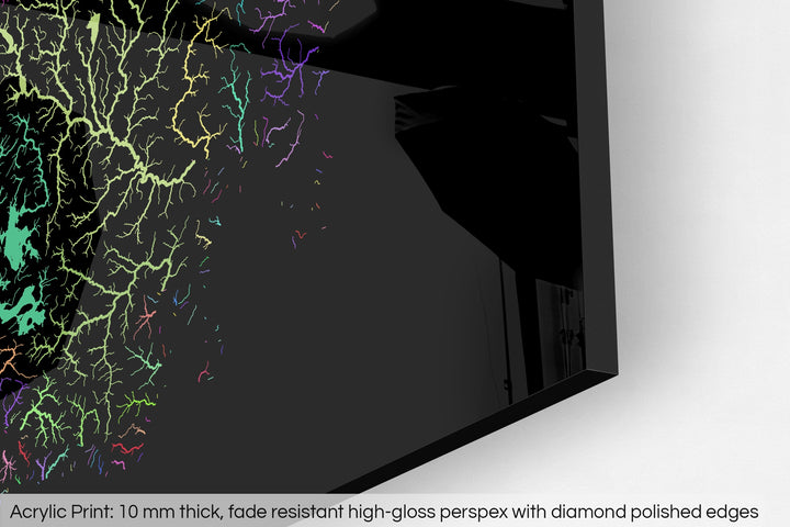 Closeup of an acrylic panel's corner, the details of a Grasshopper Geography map is visible. The text at the bottom reads: Acrylic print - 10 mm thick, fade reistant high-gloss perspex with diamond polished edges.