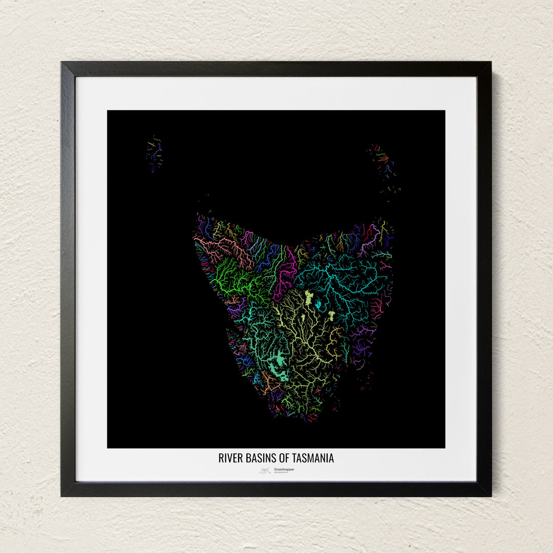 A colorful Grasshopper Geography river map on a light wall. The premium fine art poster is in a black frame with a white border. The name of the country, continent or region is printed under the image.