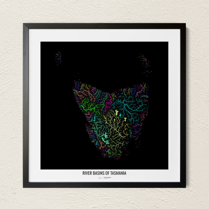 A colorful Grasshopper Geography river map on a light wall. The premium fine art poster is in a black frame with a white border. The name of the country, continent or region is printed under the image.
