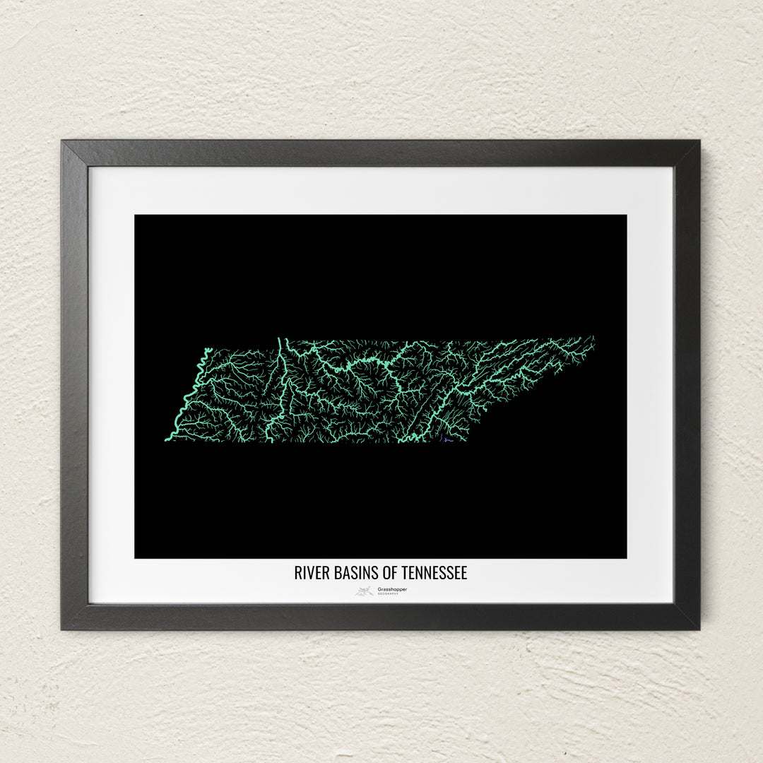 A colorful Grasshopper Geography river map on a light wall. The premium fine art poster is in a black frame with a white border. The name of the country, continent or region is printed under the image.
