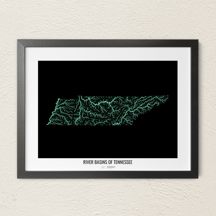 A colorful Grasshopper Geography river map on a light wall. The premium fine art poster is in a black frame with a white border. The name of the country, continent or region is printed under the image.