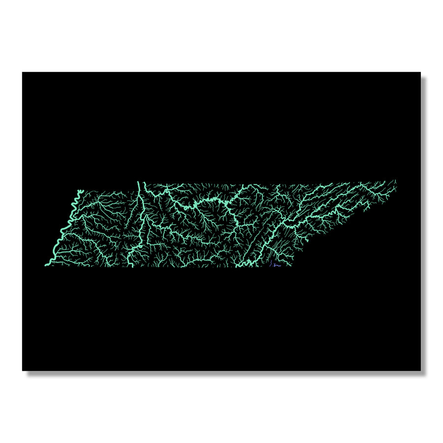 Tennessee - River basin map, pastel colours - Wall Art by Grasshopper Geography. Image of a high-resolution map created by geographer Robert Szucs, available as wall art and for licensing.