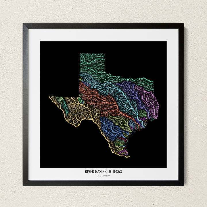 A colorful Grasshopper Geography river map on a light wall. The premium fine art poster is in a black frame with a white border. The name of the country, continent or region is printed under the image.