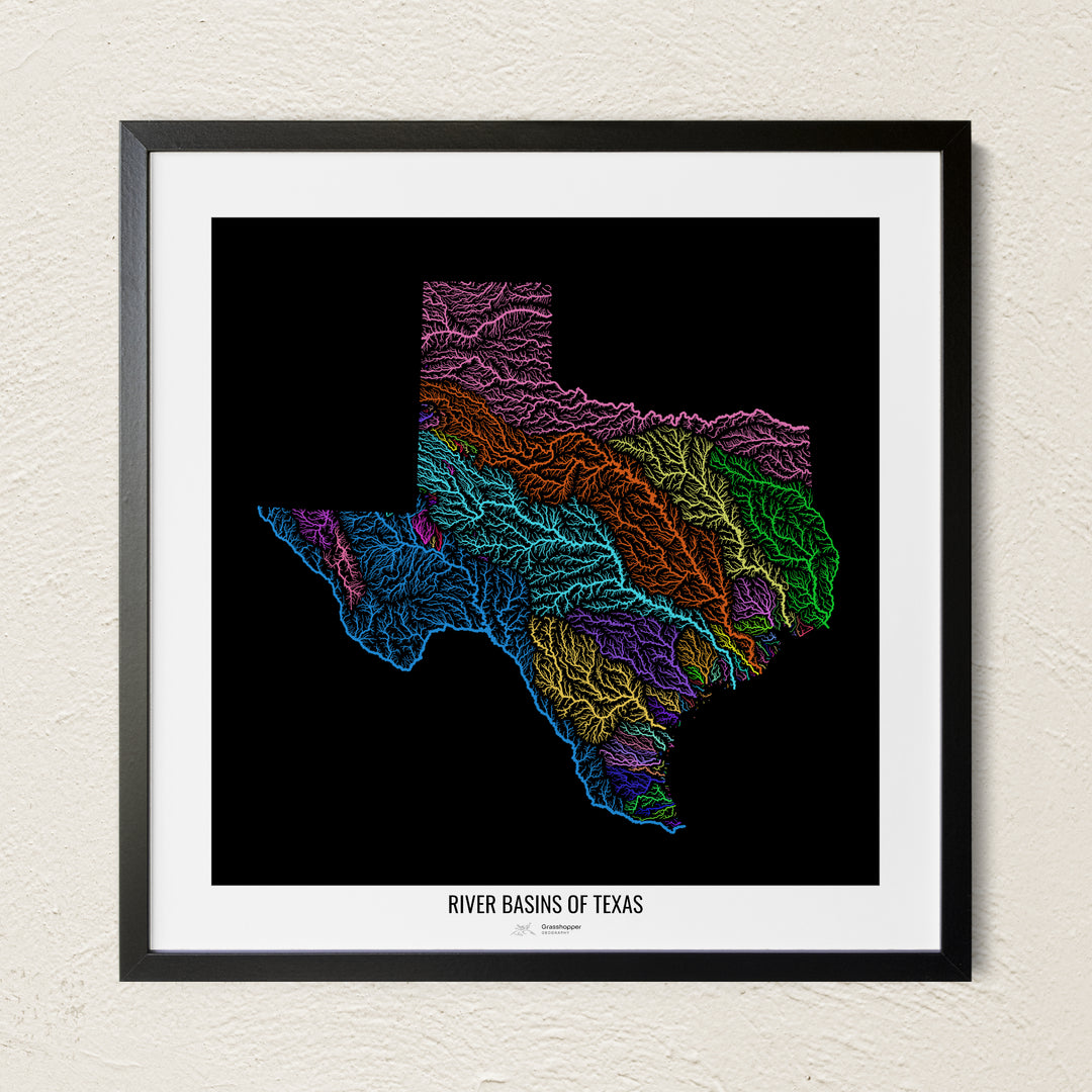 A colorful Grasshopper Geography river map on a light wall. The premium fine art poster is in a black frame with a white border. The name of the country, continent or region is printed under the image.