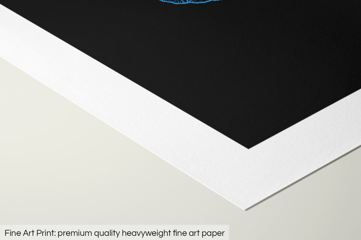 Closeup of a fine art print's corner lying on a flat surface, the details of a Grasshopper Geography map is visible. The text at the bottom reads: Fine art print - premium quality heavyweight fine art paper.