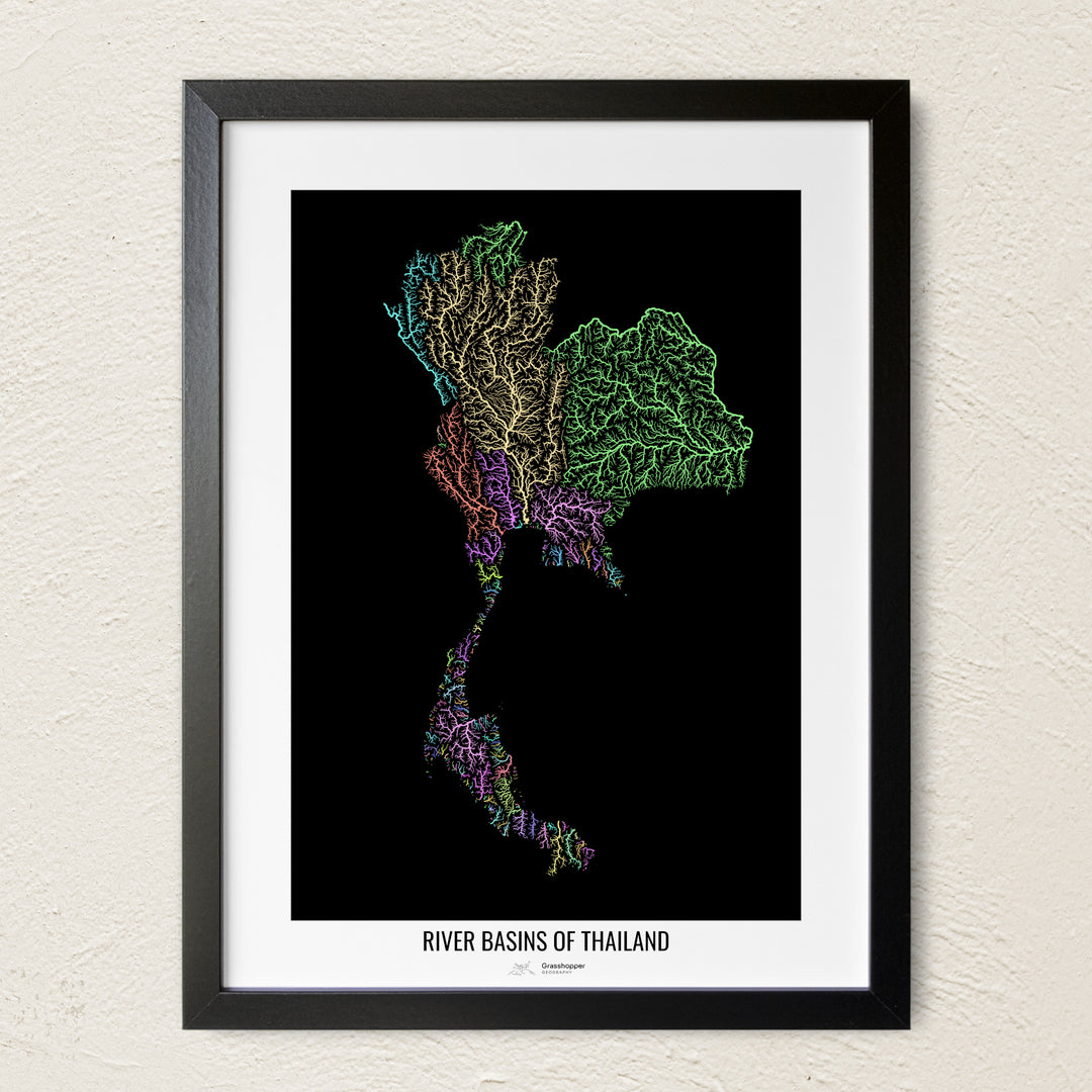 A colorful Grasshopper Geography river map on a light wall. The premium fine art poster is in a black frame with a white border. The name of the country, continent or region is printed under the image.