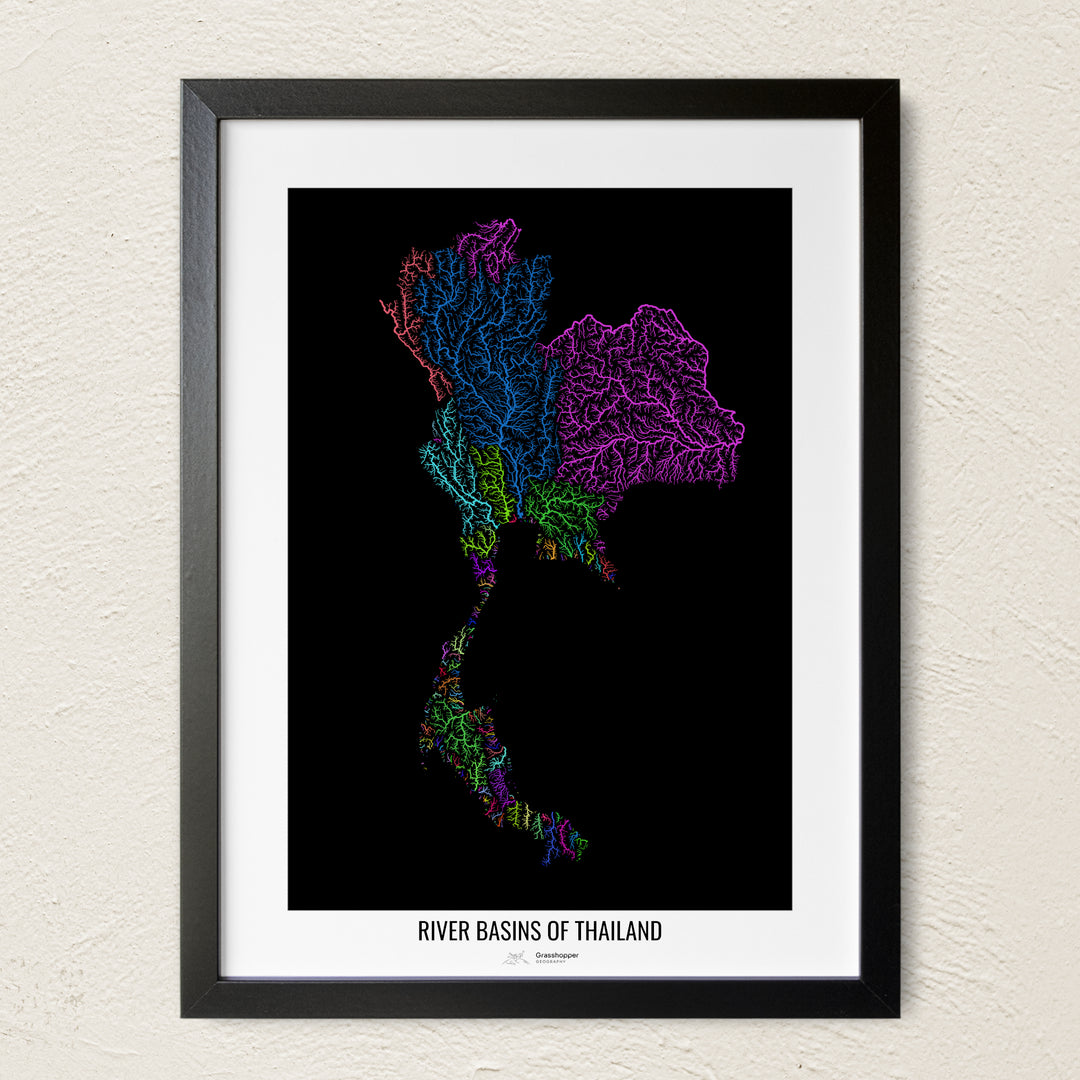 A colorful Grasshopper Geography river map on a light wall. The premium fine art poster is in a black frame with a white border. The name of the country, continent or region is printed under the image.